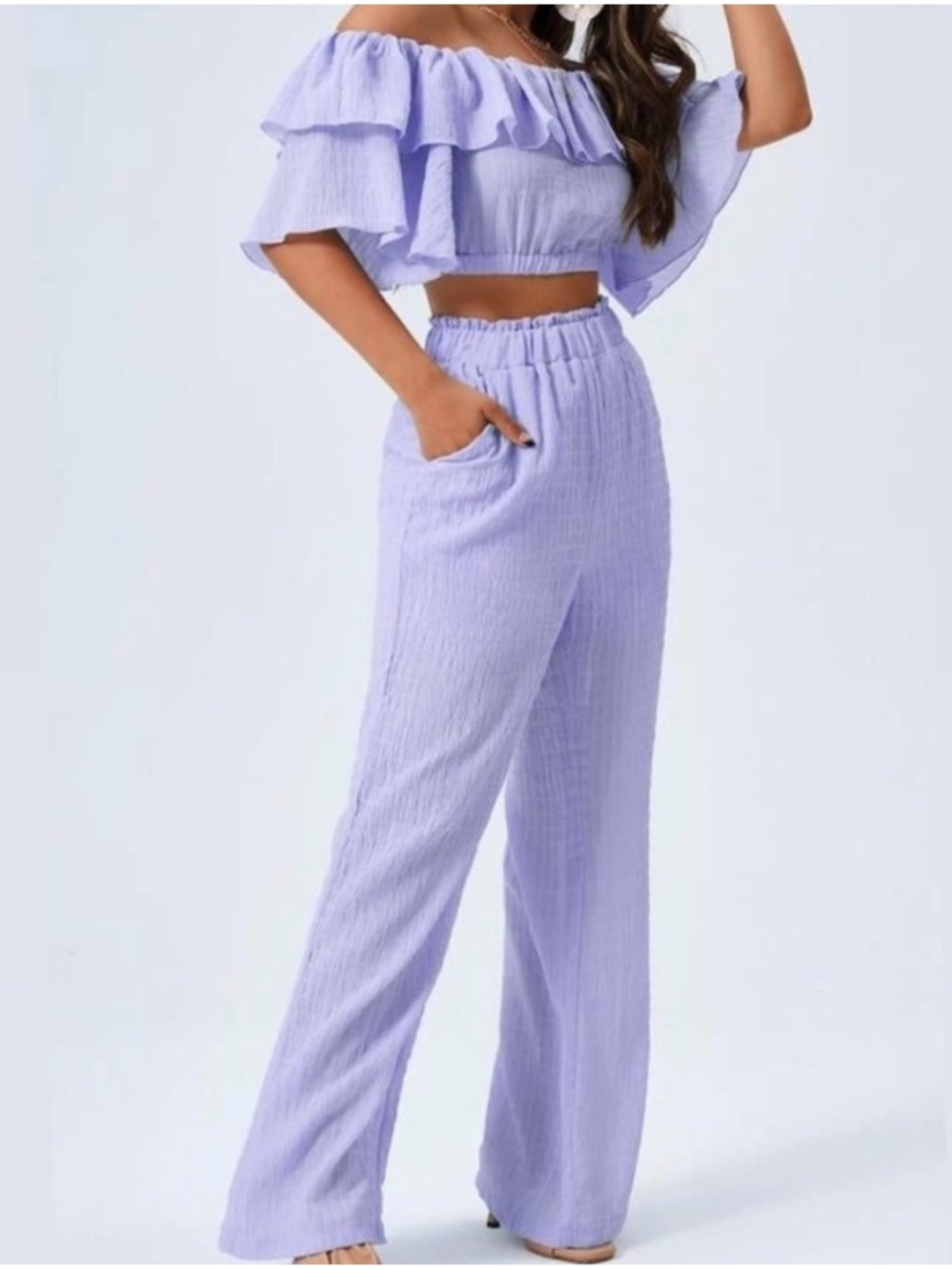 Lavender Off-Shoulder Ruffle Top with Wide-Leg Pants Set Women's Size 4 Small - Picture 11 of 11